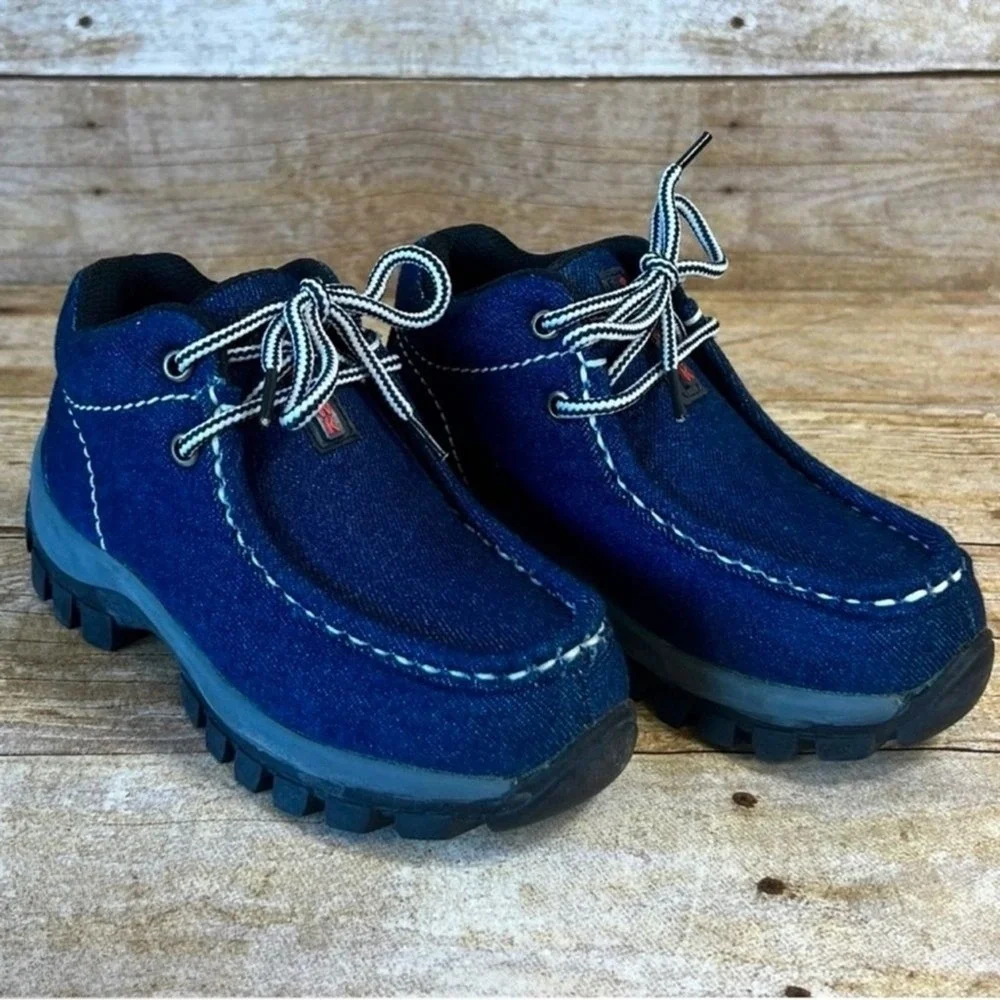 Redhawk Kids Blue Denim Moc Toe Boots Lace Up Lug Sole Shoes Size 11‎